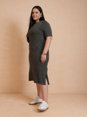 Women Olive Overdyed Round Neck T Shirt Dress