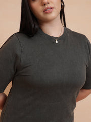 Women Olive Overdyed Round Neck T Shirt Dress