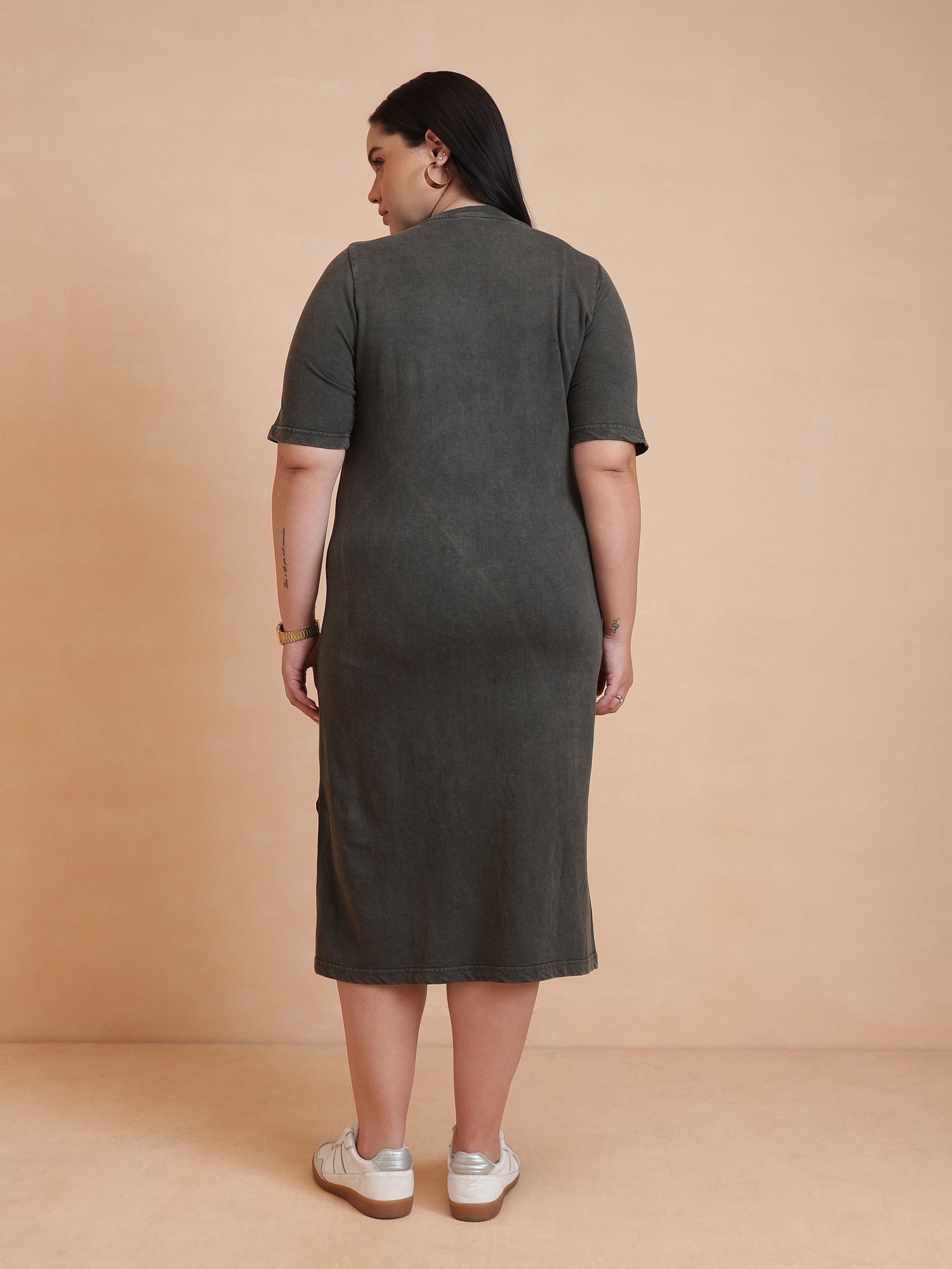 DesiQlo Olive Overdyed Round Neck T Shirt Dress - Green