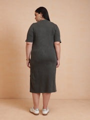 Women Olive Overdyed Round Neck T Shirt Dress