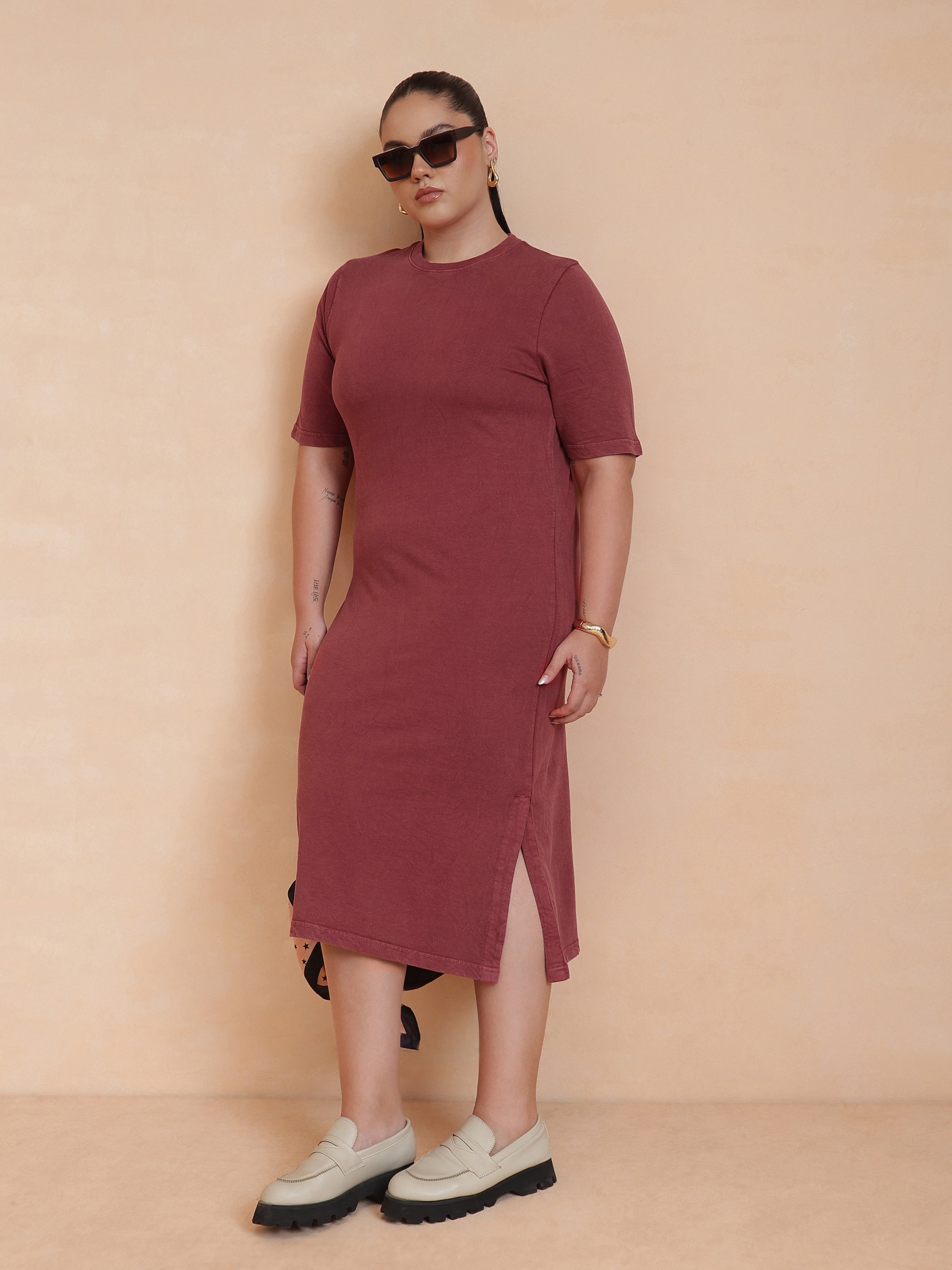 DesiQlo Red Overdyed Round Neck T Shirt Dress - Red