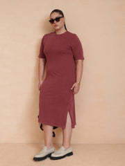 Women Red Overdyed Round Neck T Shirt Dress