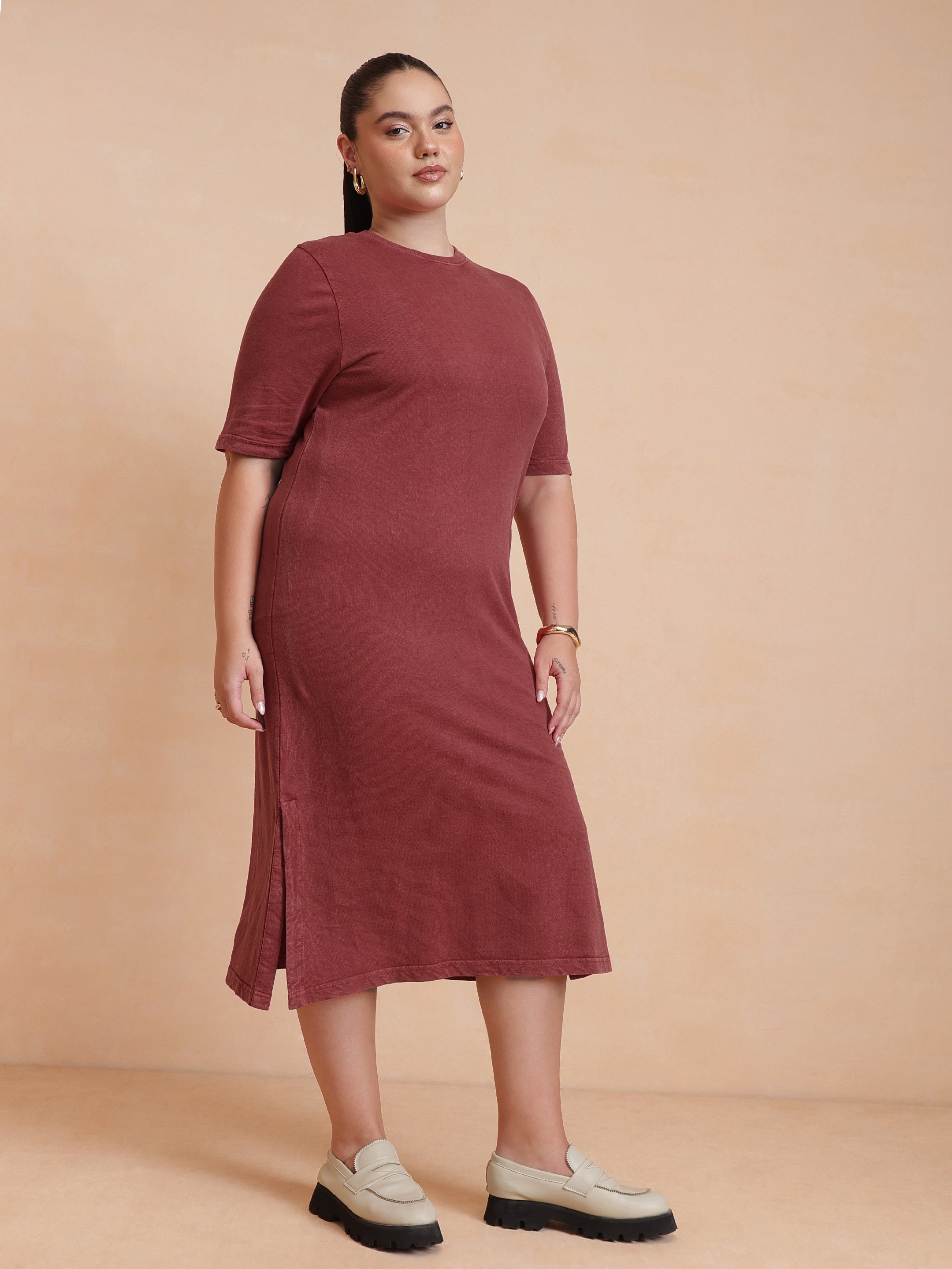 DesiQlo Red Overdyed Round Neck T Shirt Dress - Red