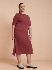 Women Red Overdyed Round Neck T Shirt Dress