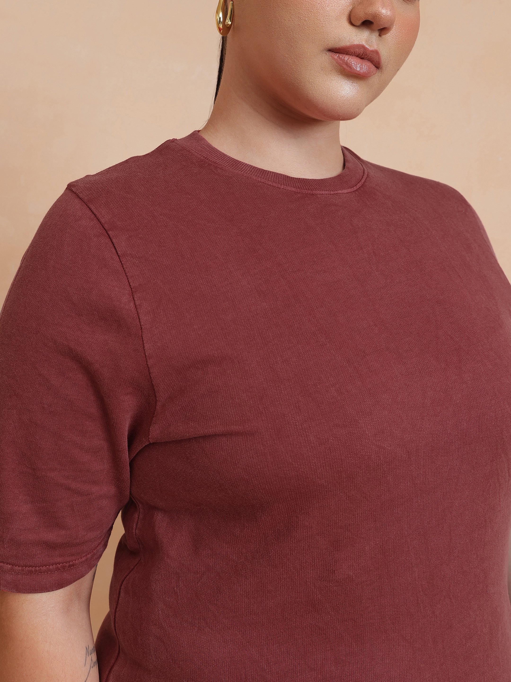 DesiQlo Red Overdyed Round Neck T Shirt Dress - Red
