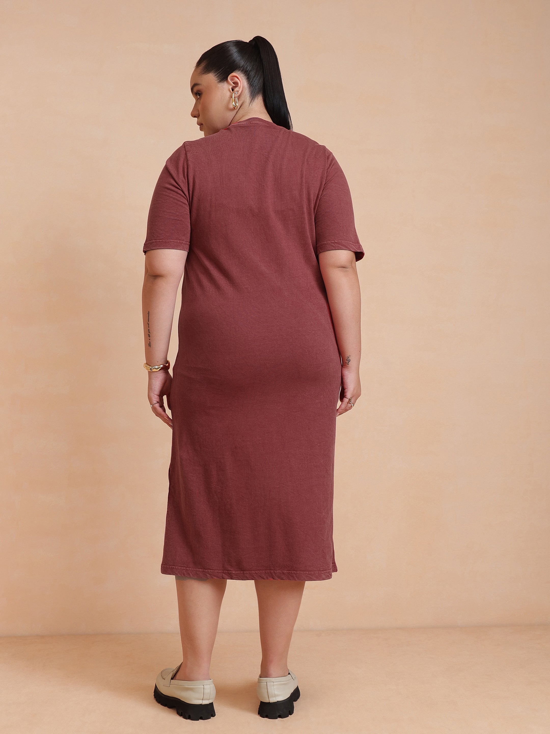 DesiQlo Red Overdyed Round Neck T Shirt Dress - Red