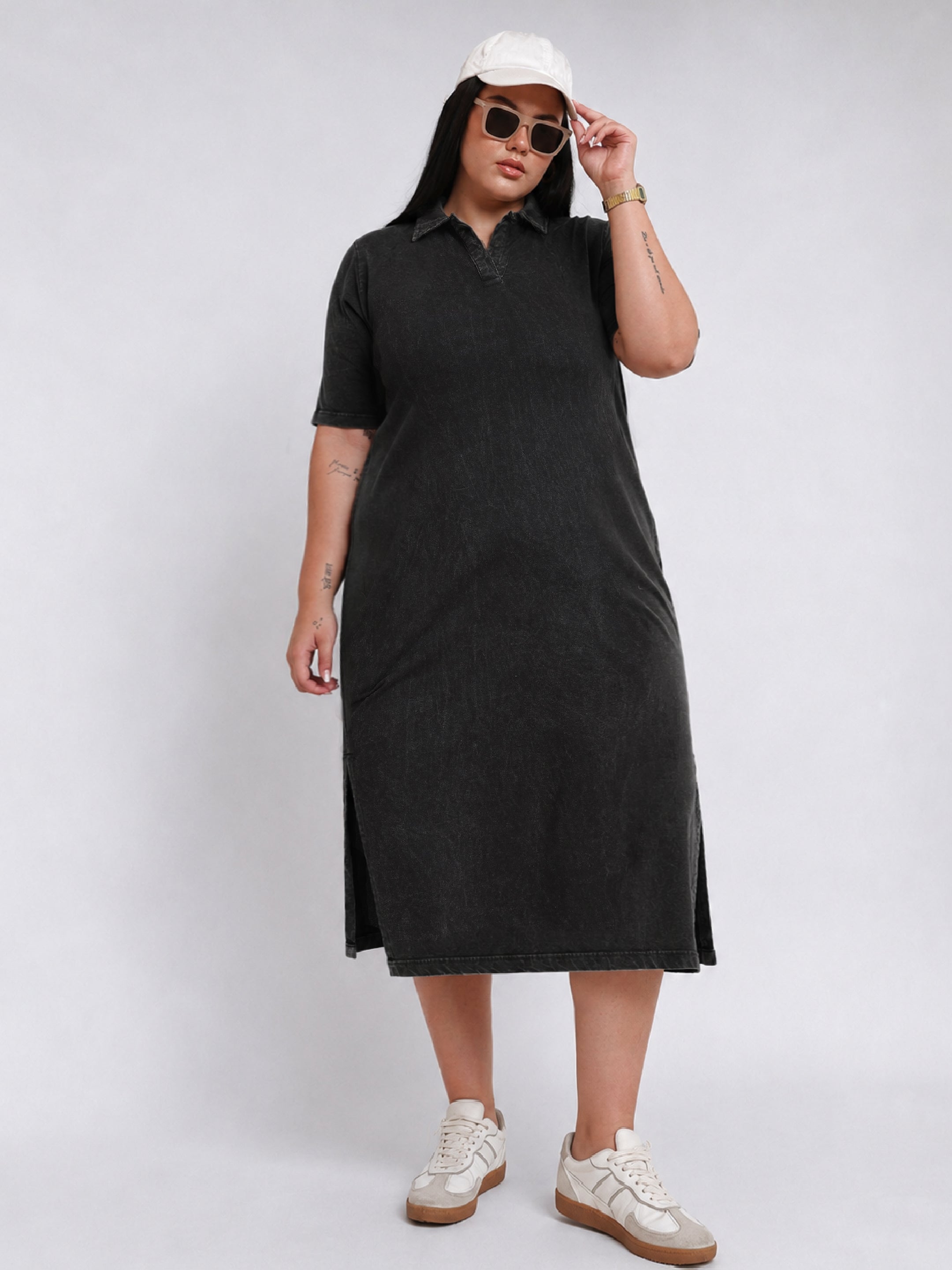 DesiQlo Black Overdyed Polo Neck Side Slit Midi Dress - Black
