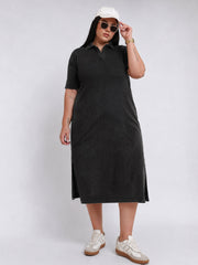 Women Black Overdyed Polo Neck Side Slit Midi Dress