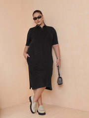Women Black Overdyed Polo Neck Side Slit Midi Dress