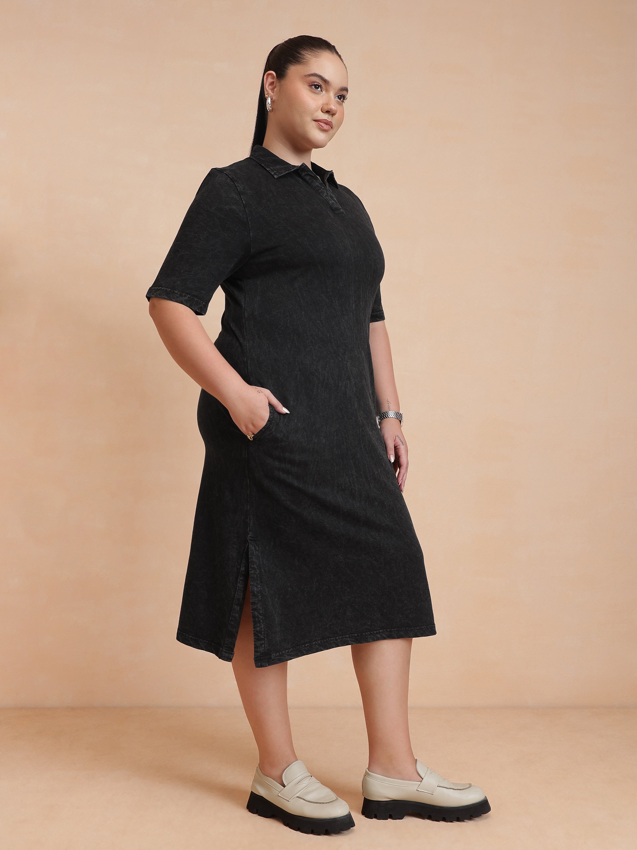 DesiQlo Black Overdyed Polo Neck Side Slit Midi Dress - Black