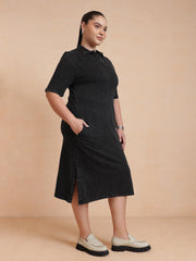 Women Black Overdyed Polo Neck Side Slit Midi Dress