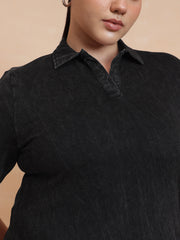 Women Black Overdyed Polo Neck Side Slit Midi Dress