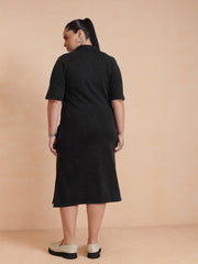 Women Black Overdyed Polo Neck Side Slit Midi Dress