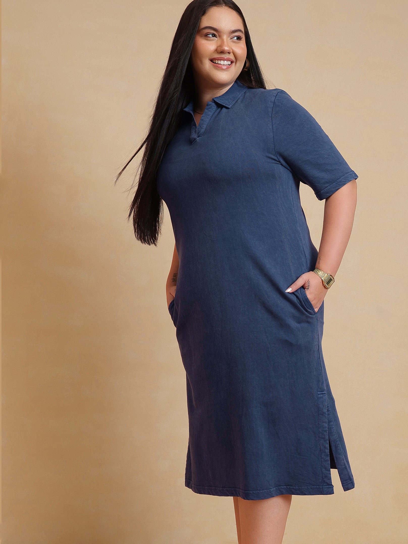 DesiQlo Navy Overdyed Polo Neck Side Slit Midi Dress - Navy Blue