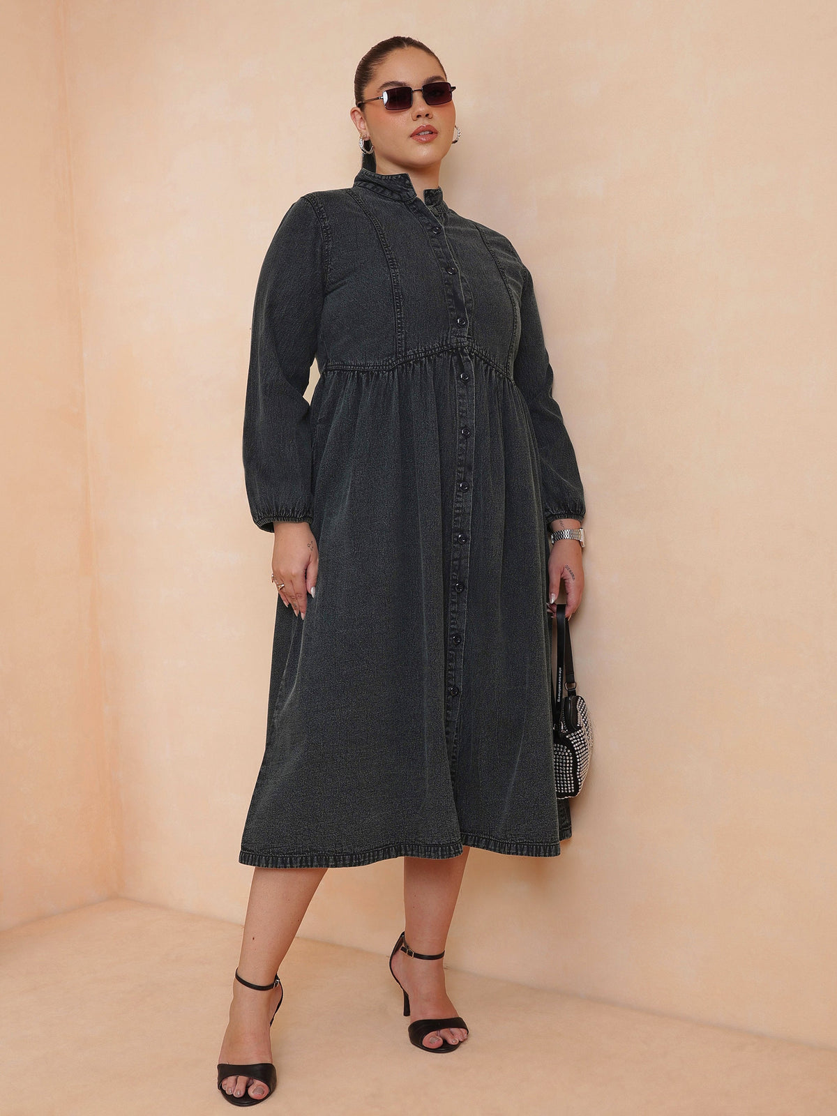 Women Black Wash Denim Button Down Midi Dress