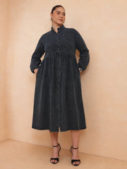 Women Black Wash Denim Button Down Midi Dress