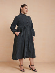 Women Black Wash Denim Button Down Midi Dress