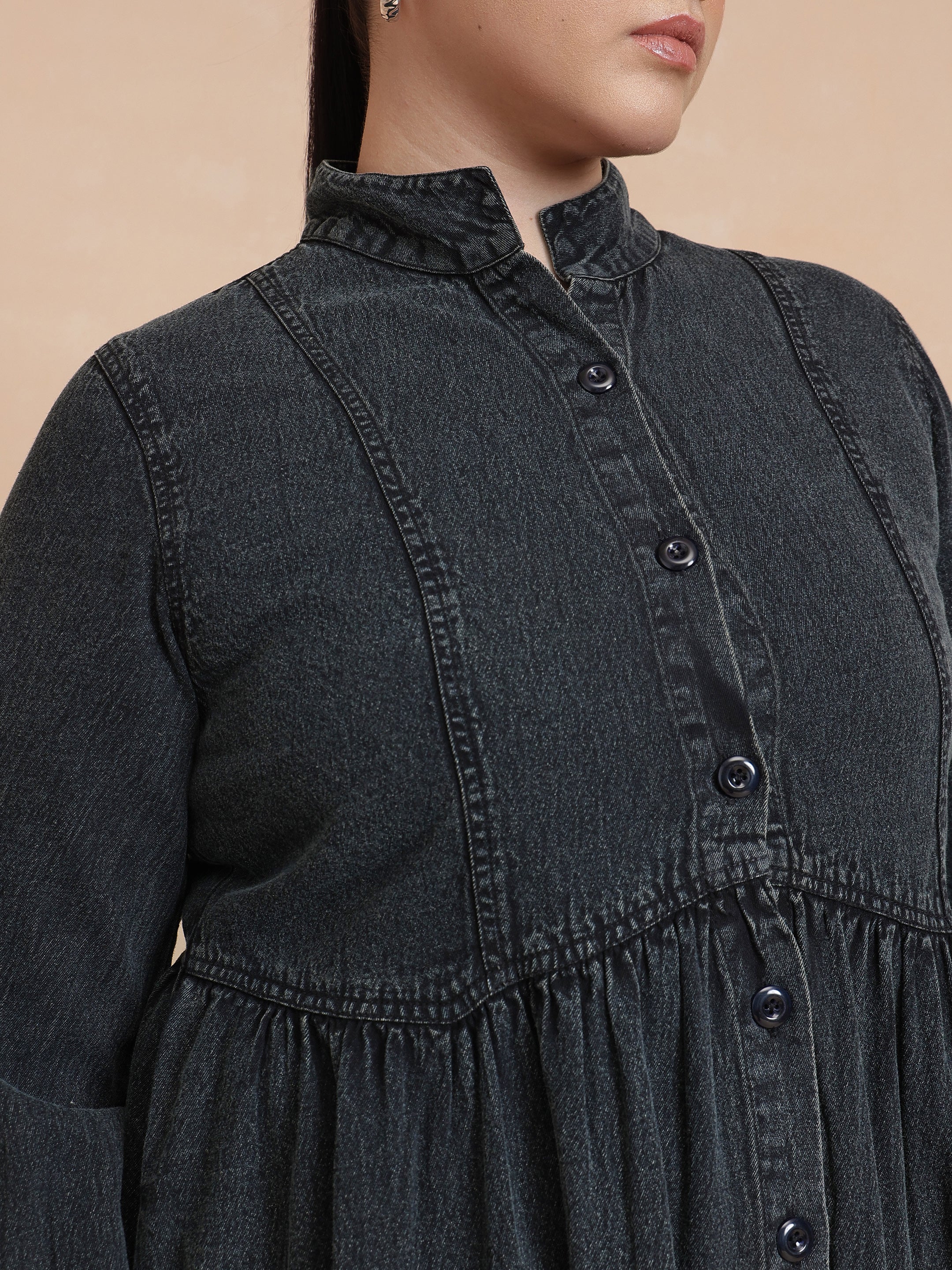 DesiQlo Black Wash Denim Button Down Midi Dress - Black