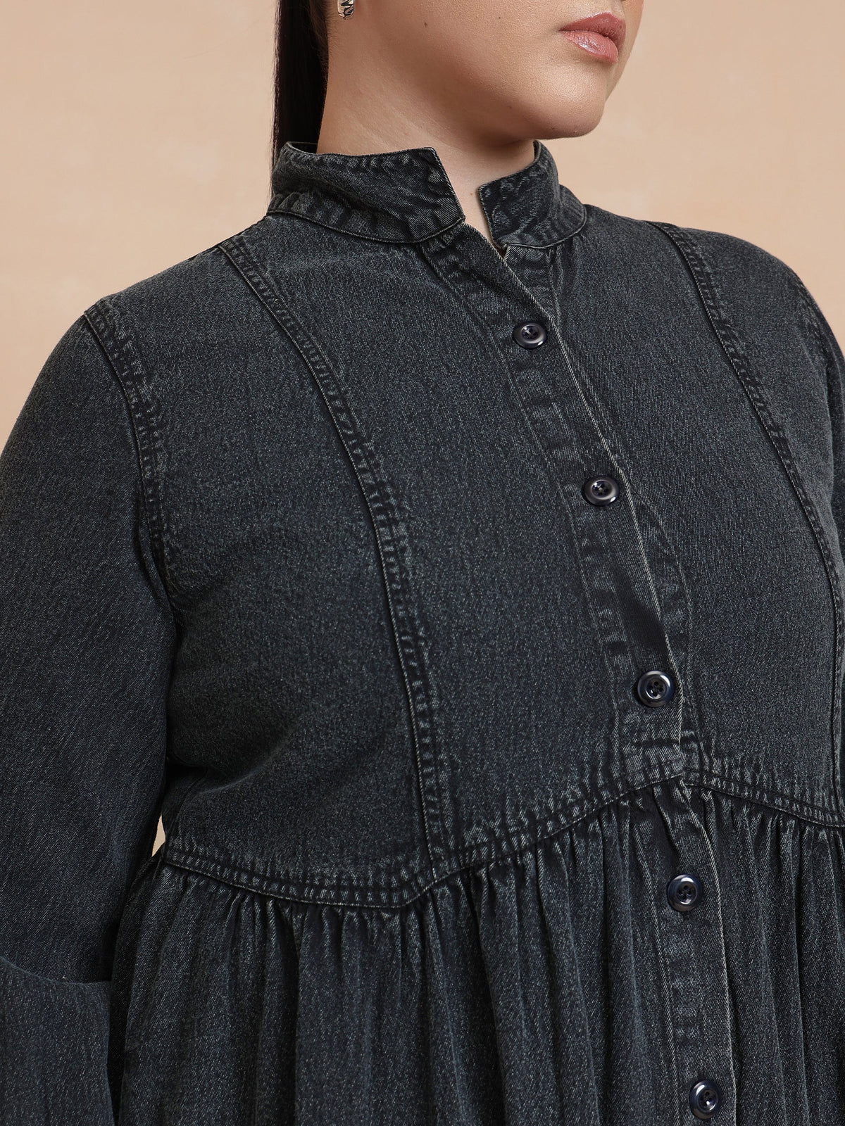 Women Black Wash Denim Button Down Midi Dress