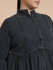 Women Black Wash Denim Button Down Midi Dress