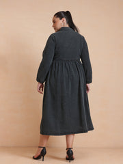 Women Black Wash Denim Button Down Midi Dress