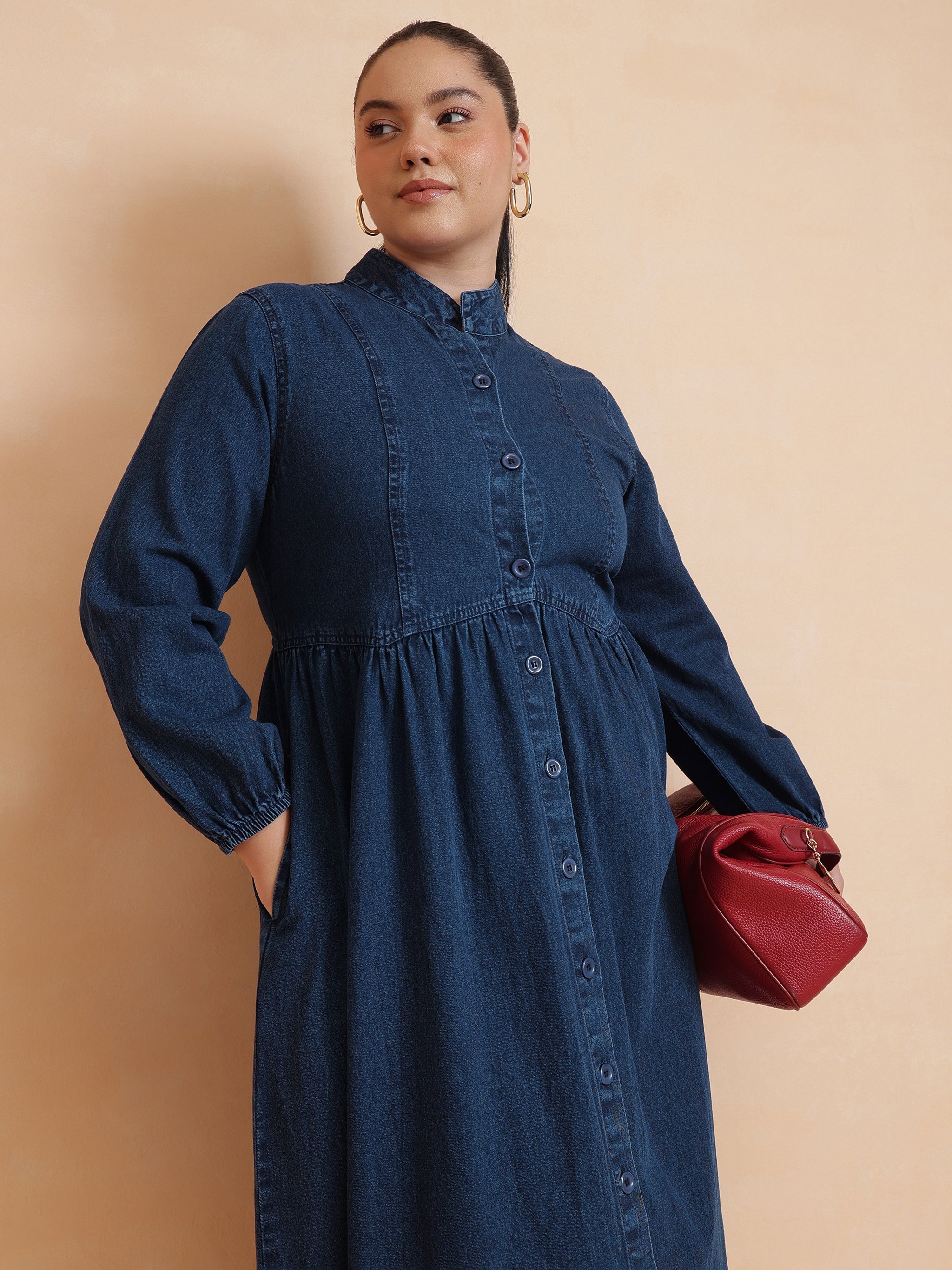 DesiQlo Navy Wash Denim Button Down Midi Dress - Navy Blue