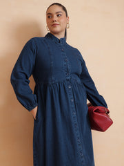 Women Navy Wash Denim Button Down Midi Dress