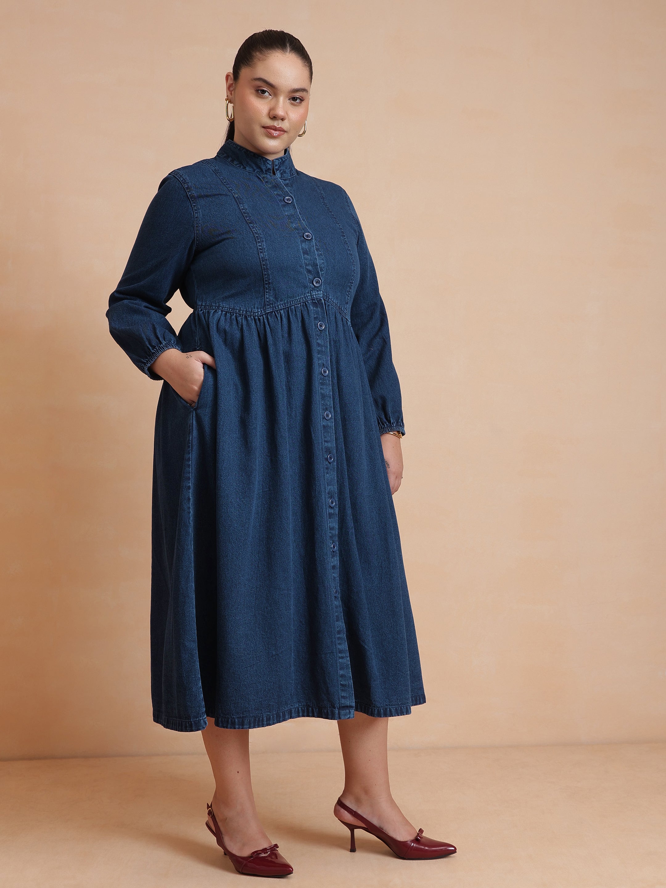 DesiQlo Navy Wash Denim Button Down Midi Dress - Navy Blue