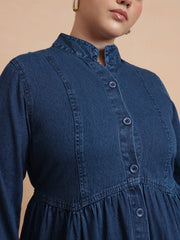Women Navy Wash Denim Button Down Midi Dress