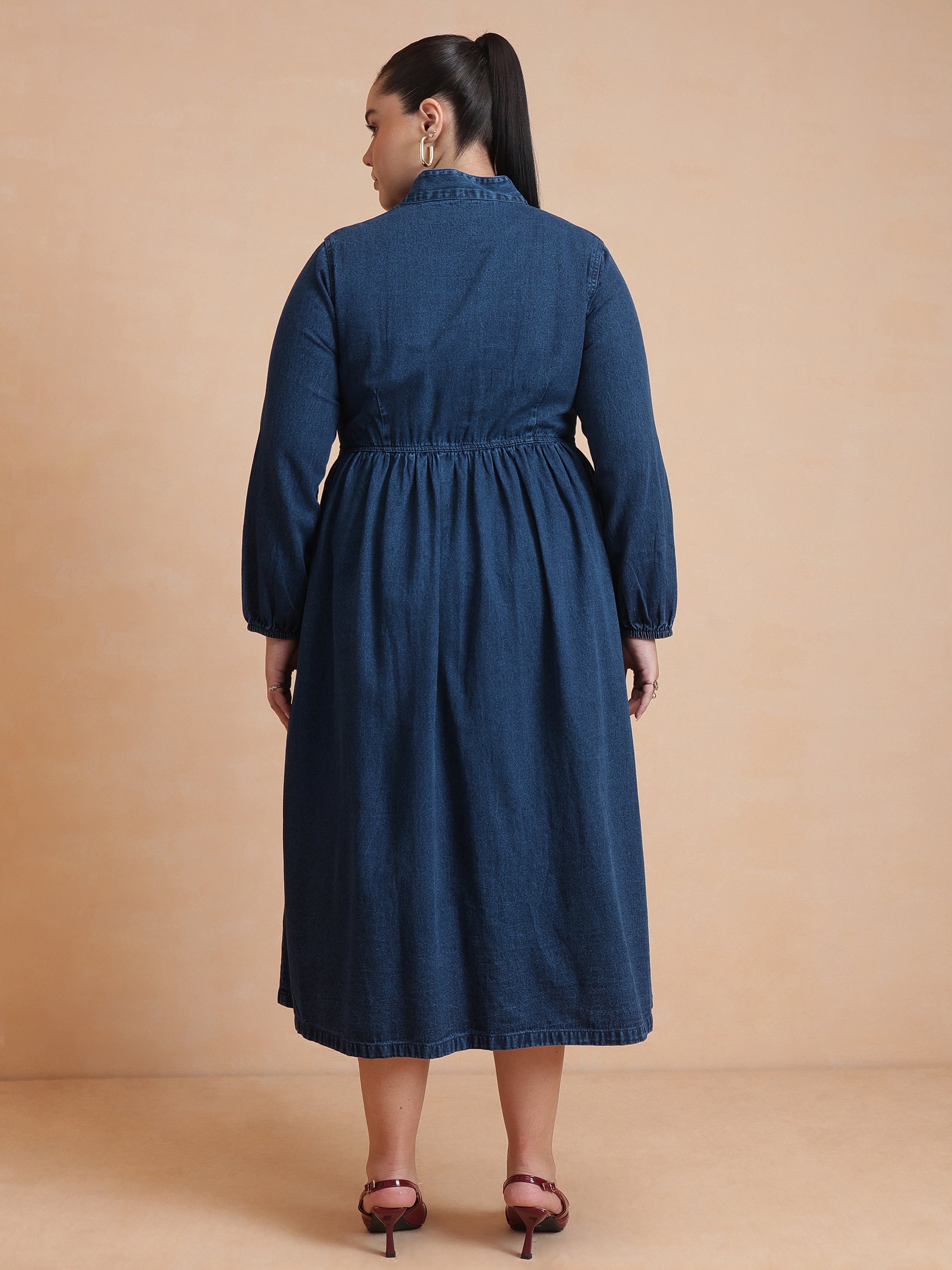 DesiQlo Navy Wash Denim Button Down Midi Dress - Navy Blue