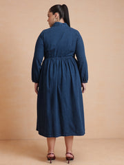 Women Navy Wash Denim Button Down Midi Dress