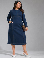Women Navy Denim Front Zipper Midi Dress