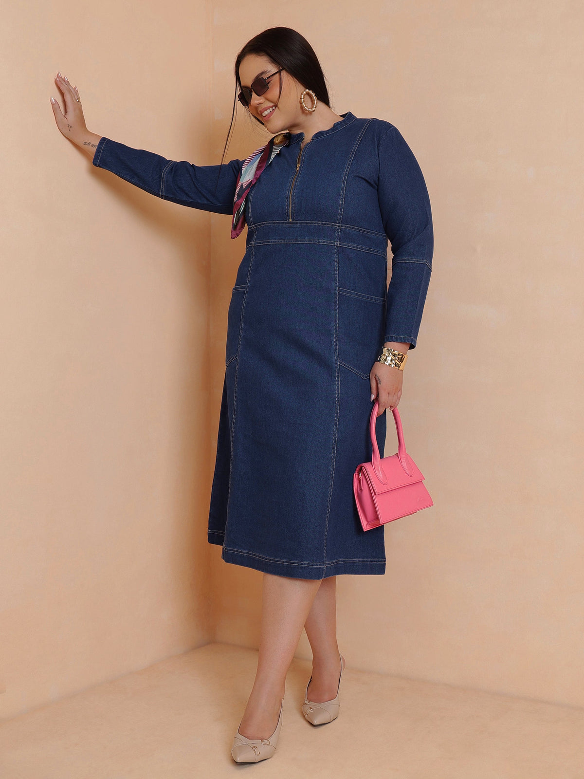 Women Navy Denim Front Zipper Midi Dress