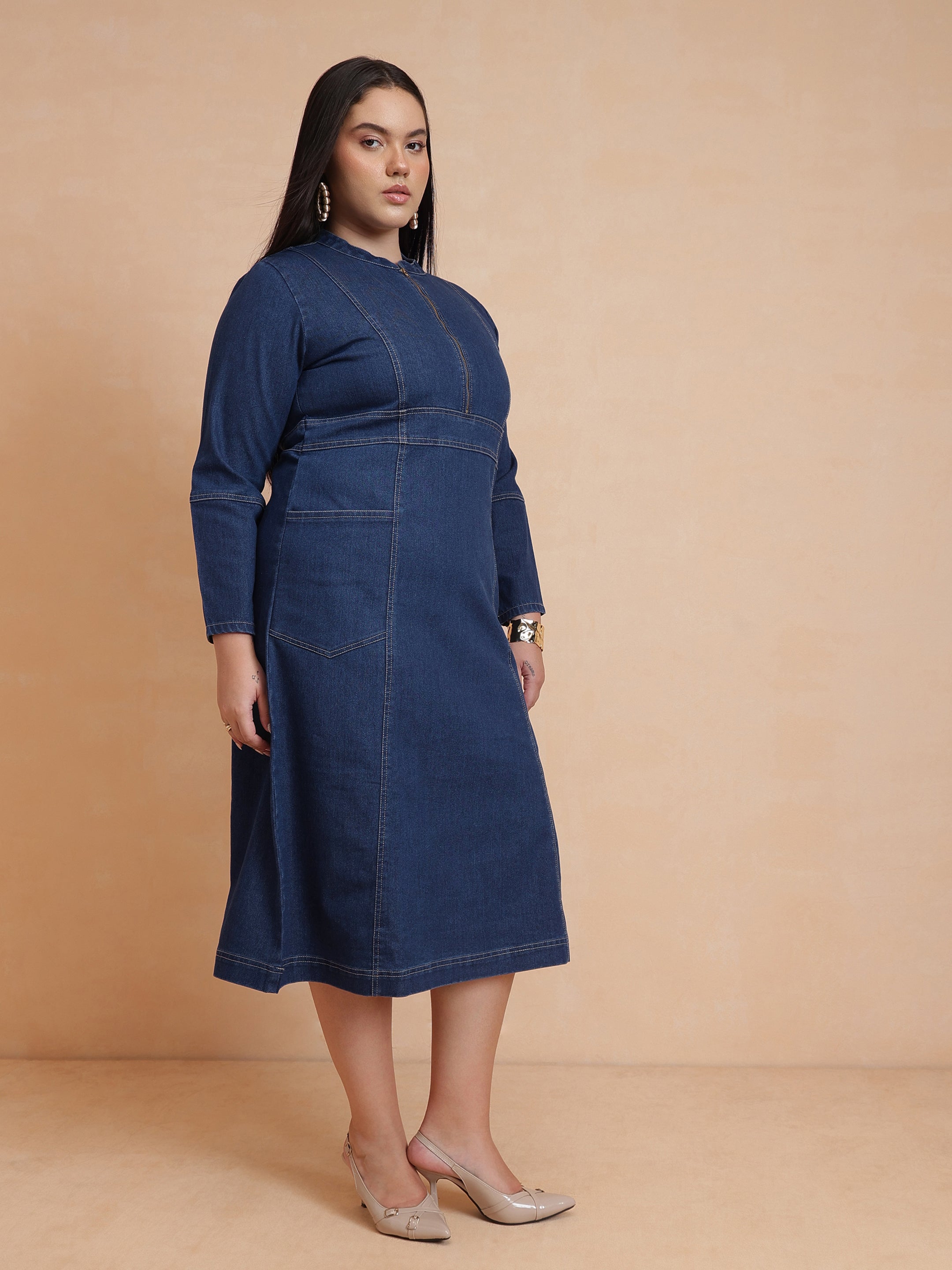 DesiQlo Navy Denim Front Zipper Midi Dress - Navy Blue