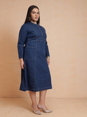 Women Navy Denim Front Zipper Midi Dress