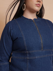 Women Navy Denim Front Zipper Midi Dress