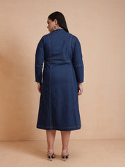 Women Navy Denim Front Zipper Midi Dress