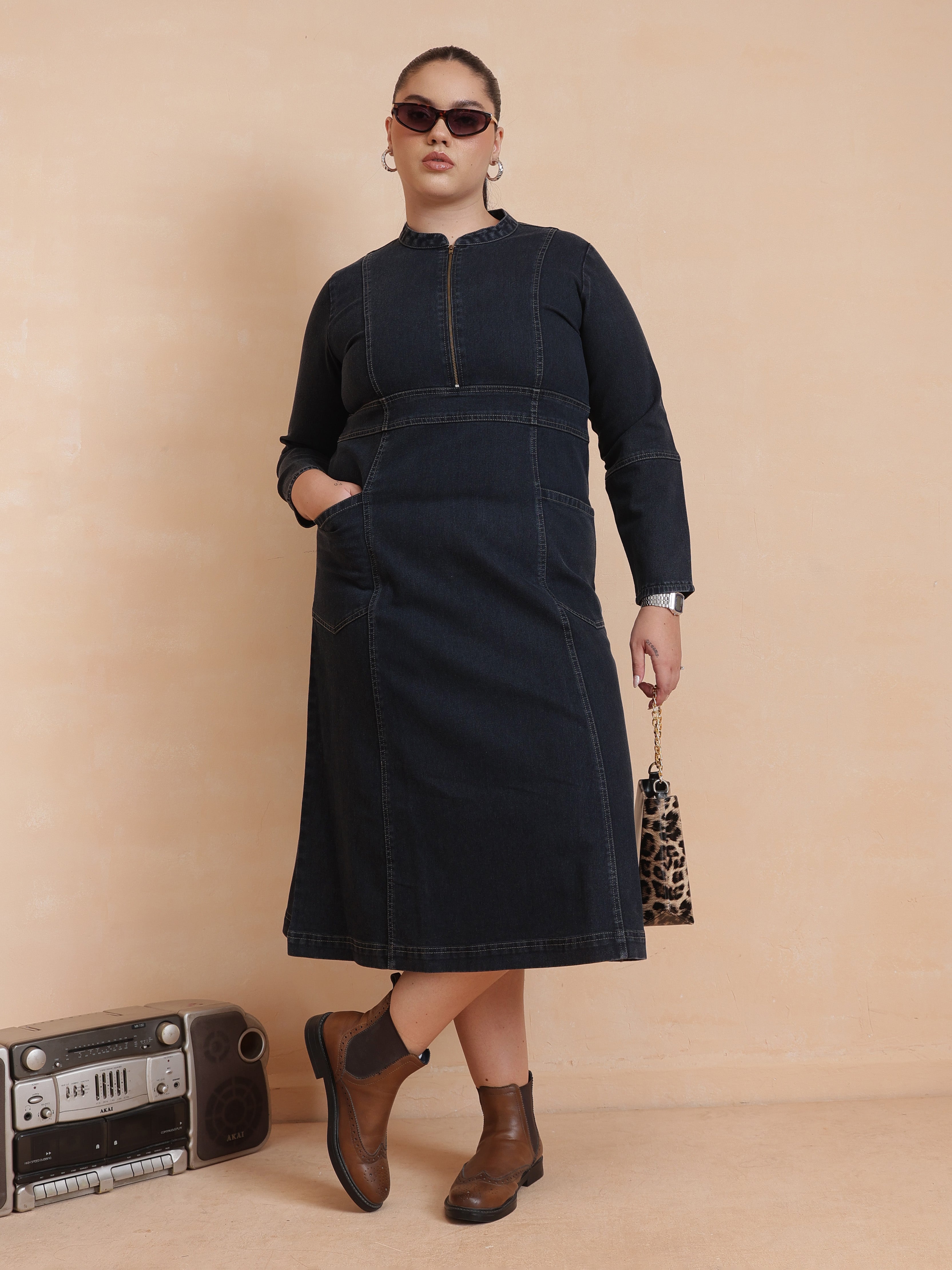 DesiQlo Black Wash Denim Front Zipper Midi Dress - Black