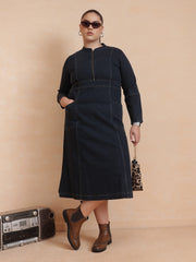 Women Black Wash Denim Front Zipper Midi Dress