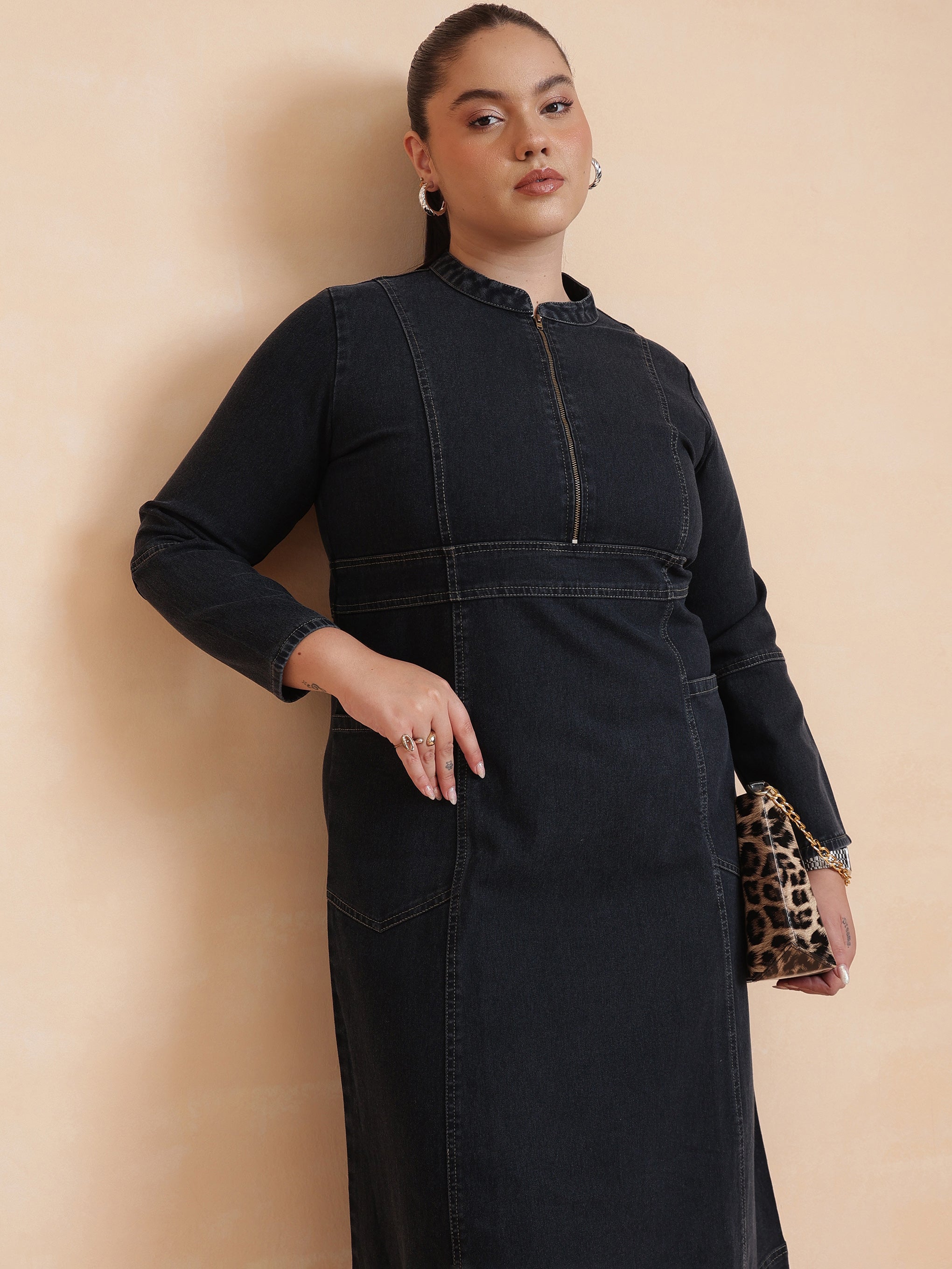 DesiQlo Black Wash Denim Front Zipper Midi Dress - Black