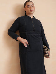 Women Black Wash Denim Front Zipper Midi Dress