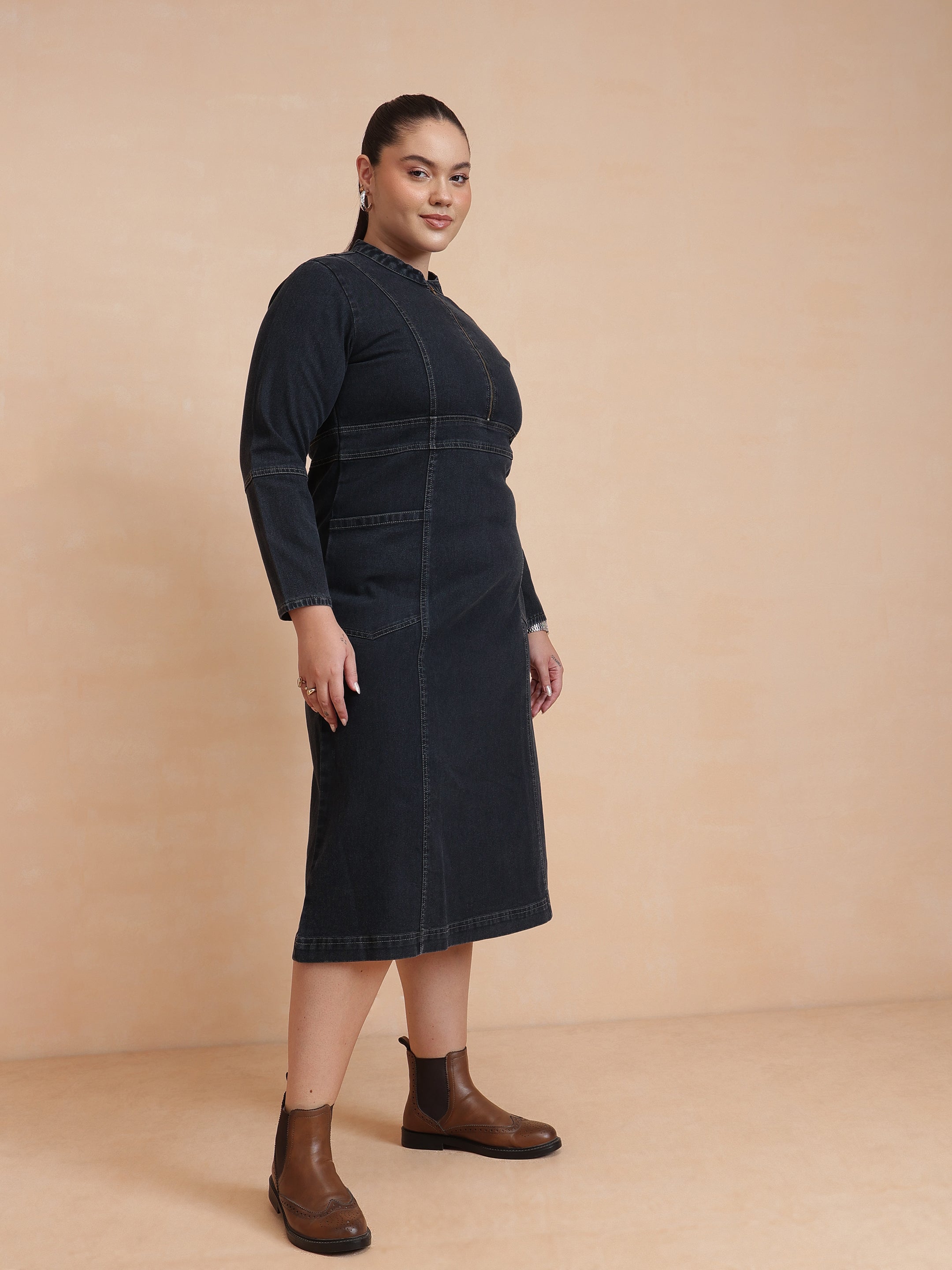 DesiQlo Black Wash Denim Front Zipper Midi Dress - Black