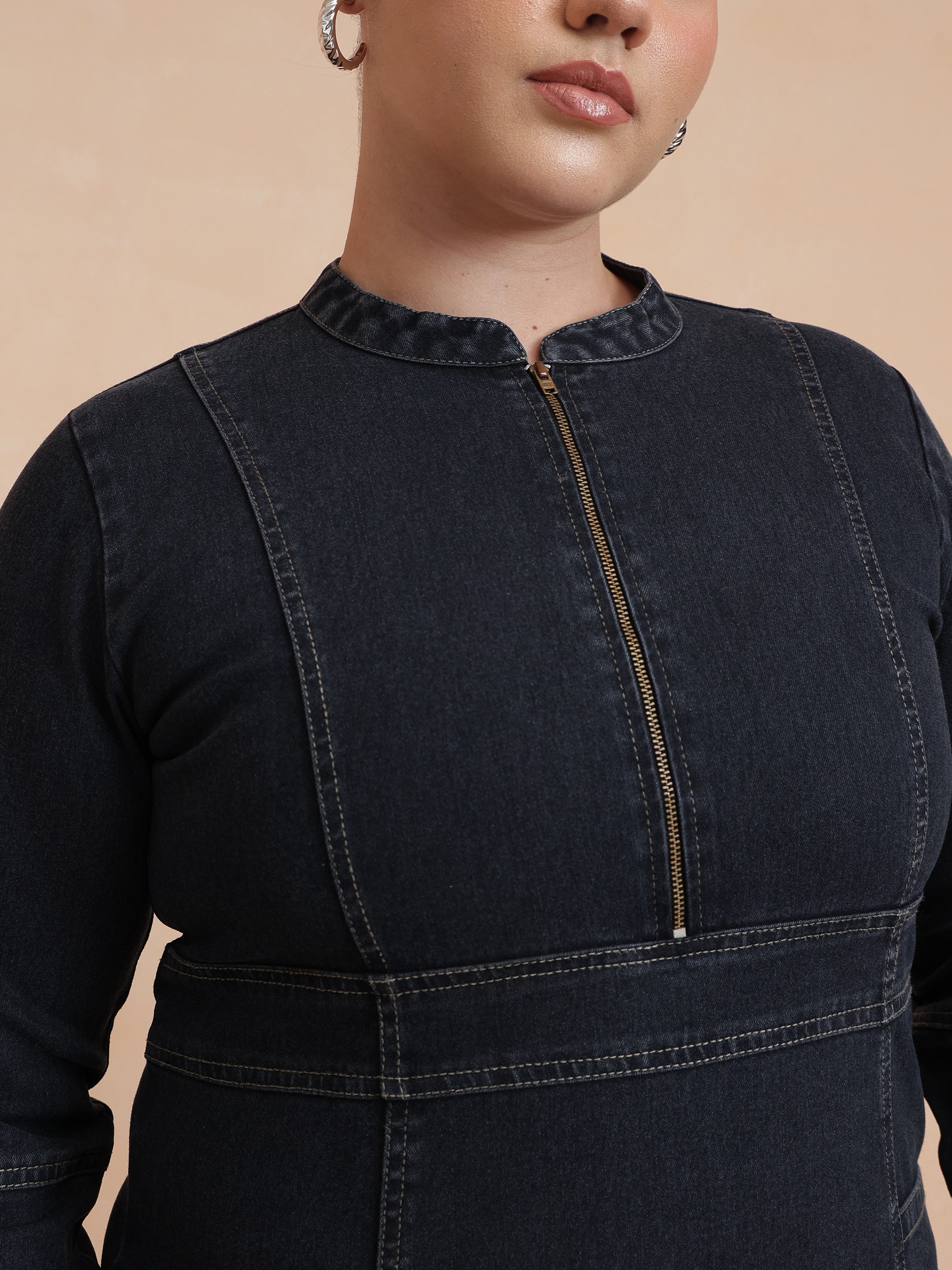 DesiQlo Black Wash Denim Front Zipper Midi Dress - Black