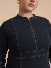 Women Black Wash Denim Front Zipper Midi Dress