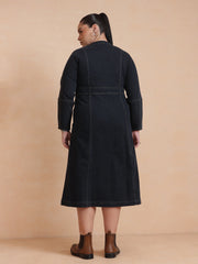 Women Black Wash Denim Front Zipper Midi Dress
