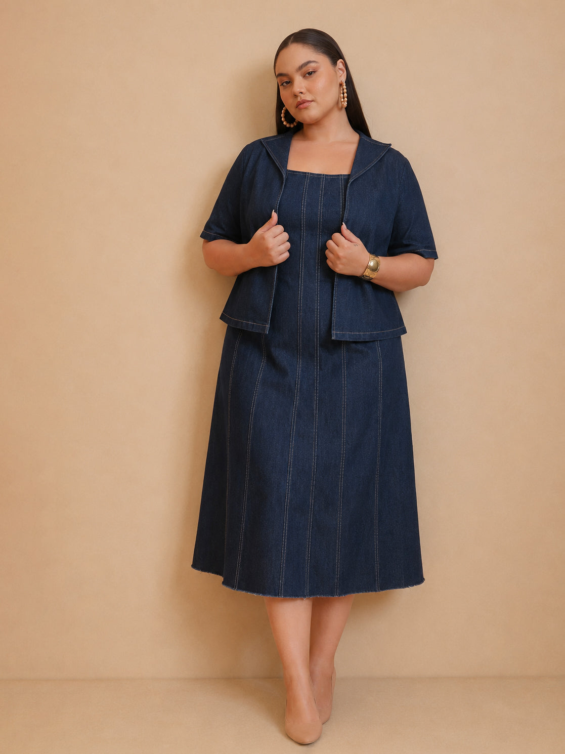 Women Navy Denim Strappy Dress With Shrug