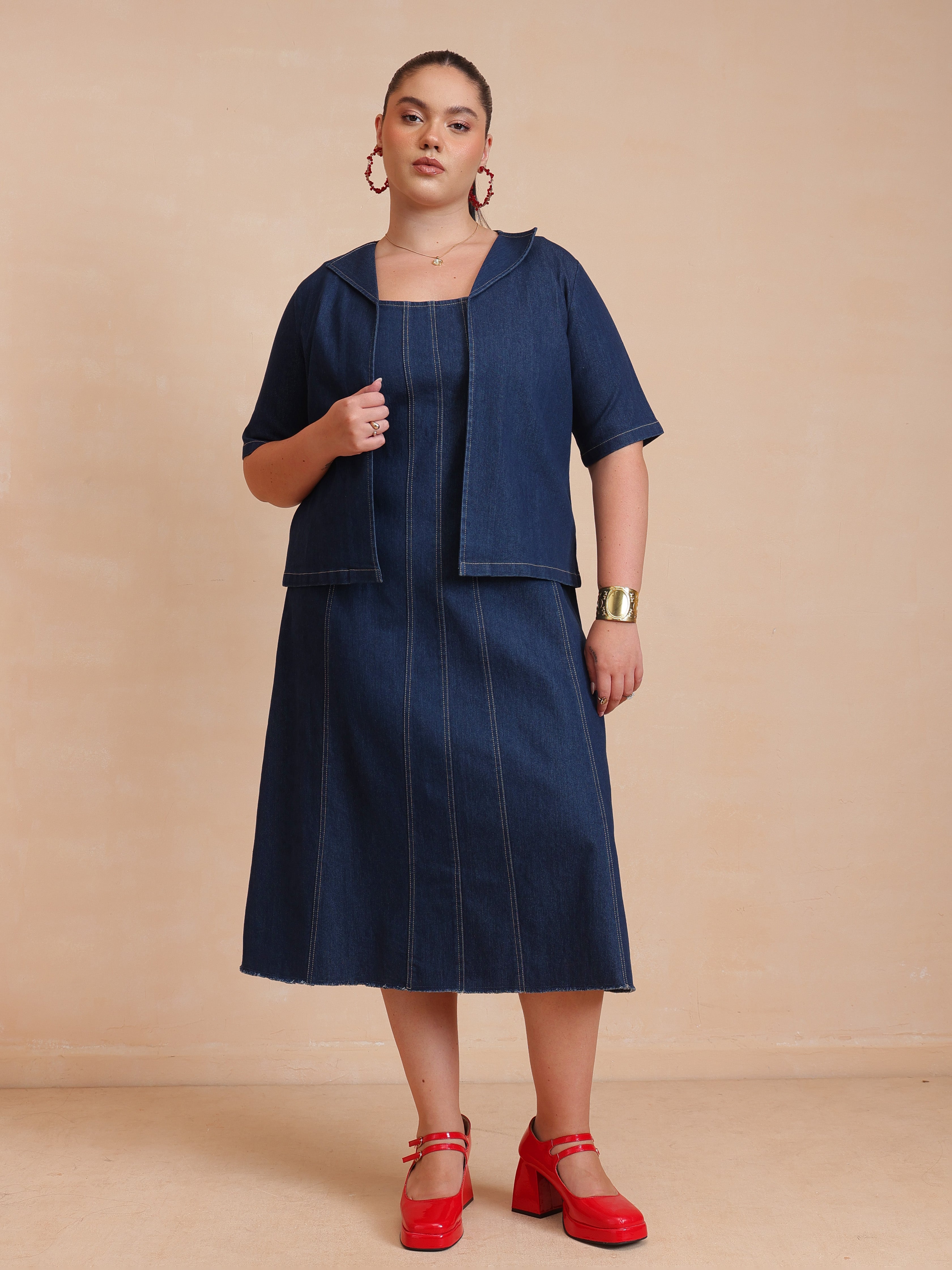 DesiQlo Navy Denim Strappy Dress With Shrug - Navy Blue