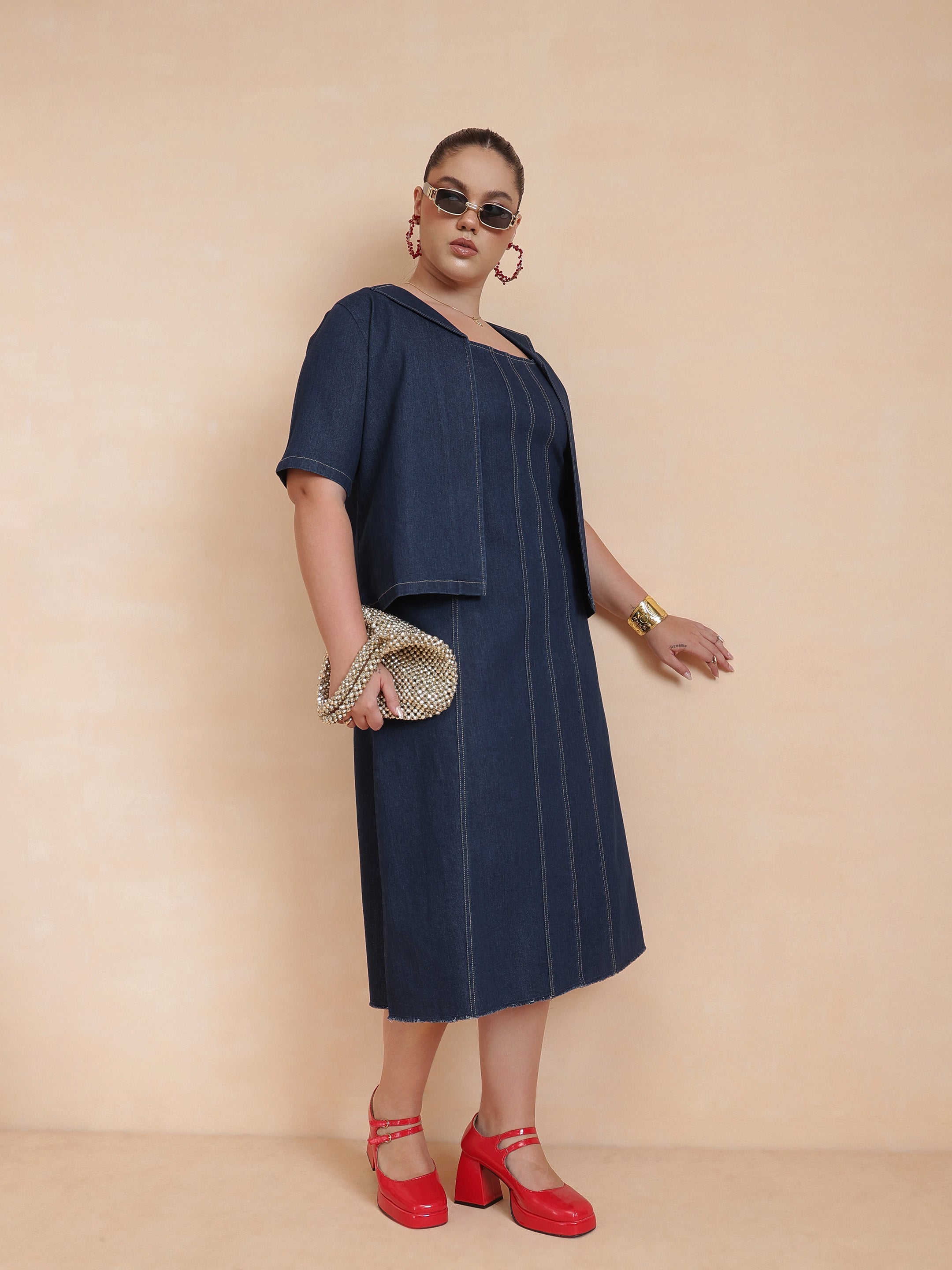 DesiQlo Navy Denim Strappy Dress With Shrug - Navy Blue