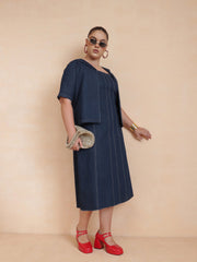 Women Navy Denim Strappy Dress With Shrug