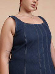 Women Navy Denim Strappy Dress With Shrug
